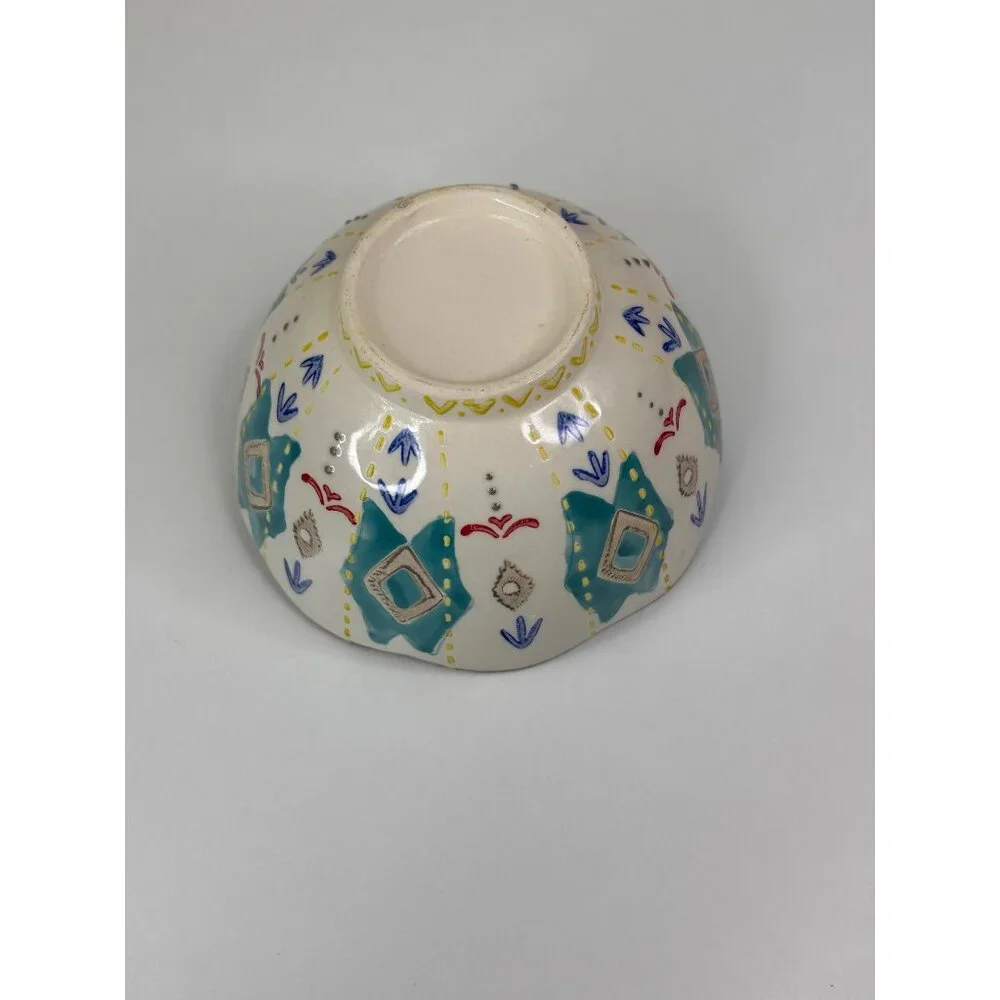 Set Of 4 Hand-Painted Southwest Aztec Boho Ceramic Bowls With Scalloped Edges